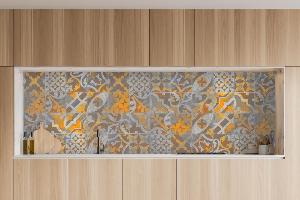 Küche - Orange Helles Licht Stein Beton in charakteristischer Vollholz-Küche mit modernem Gasherd
