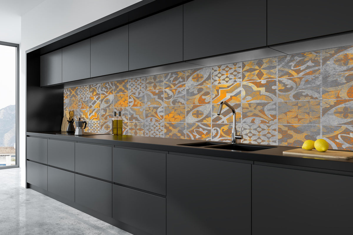 Küche - Orange Helles Licht Stein Beton in tiefschwarzer matt-premium Einbauküche