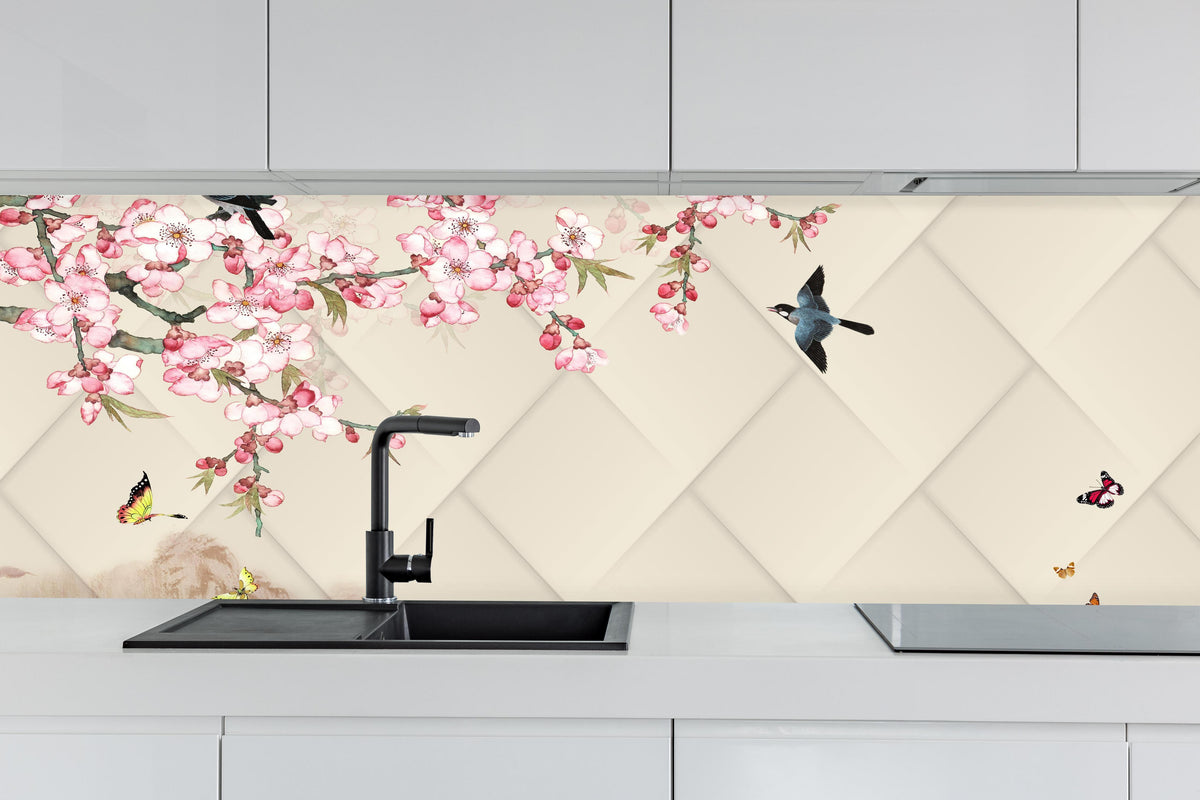 Küche - Orientalisches Motiv - Frühling hinter weißen Hochglanz-Küchenregalen und schwarzem Wasserhahn