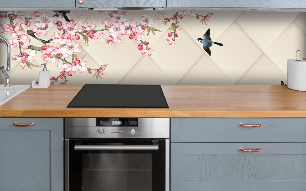 Küche - Orientalisches Motiv - Frühling über polierter Holzarbeitsplatte mit Cerankochfeld