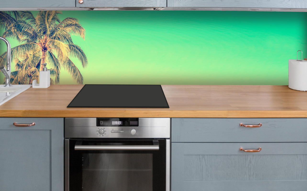 Küche - Palme im Panorama-Himmel über polierter Holzarbeitsplatte mit Cerankochfeld