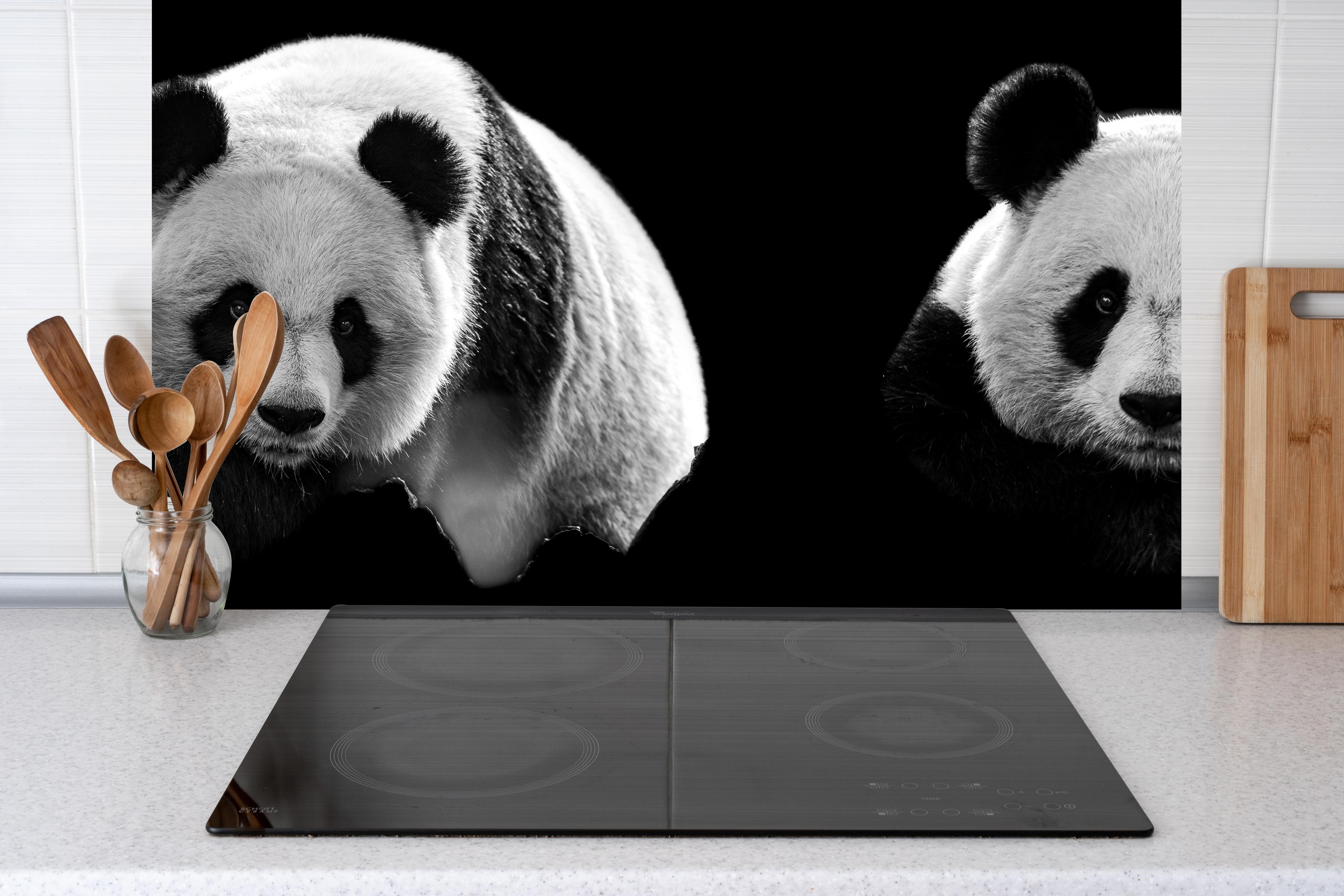 Küche - Panda mit schwarzem Hintergrund hinter Cerankochfeld und Holz-Kochutensilien