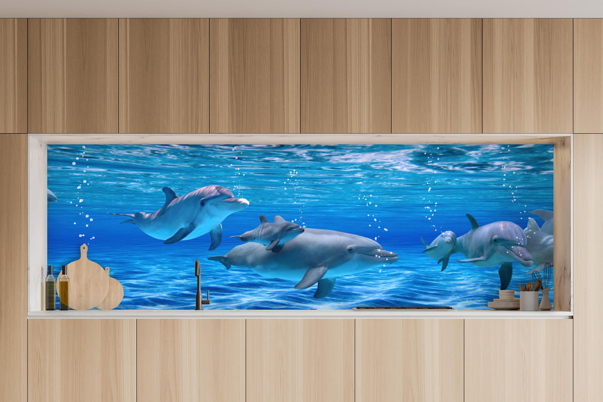 Küche - Panorama der schwimmenden Delphine in charakteristischer Vollholz-Küche mit modernem Gasherd