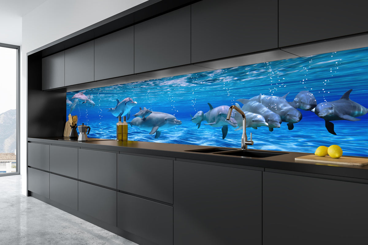 Küche - Panorama der schwimmenden Delphine in tiefschwarzer matt-premium Einbauküche