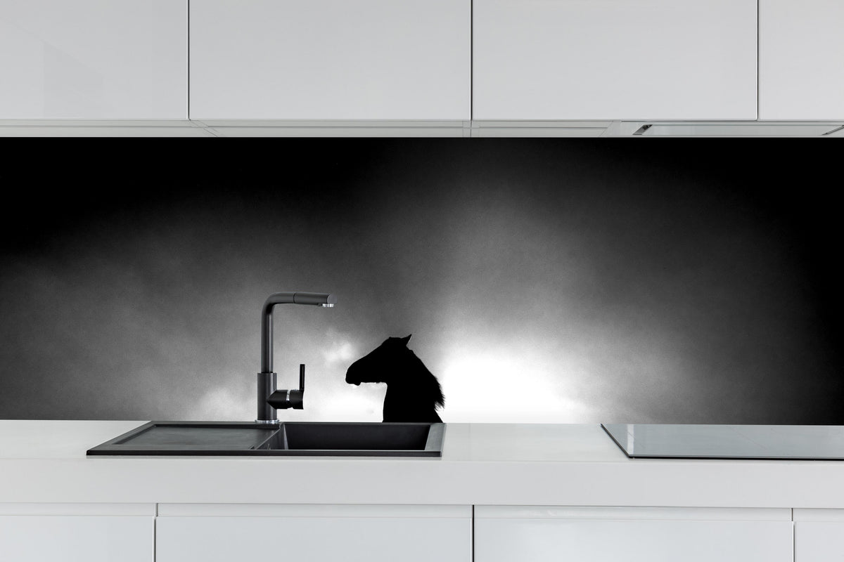 Küche - Pferd-Aufzucht in Schwarz-Weiß hinter weißen Hochglanz-Küchenregalen und schwarzem Wasserhahn