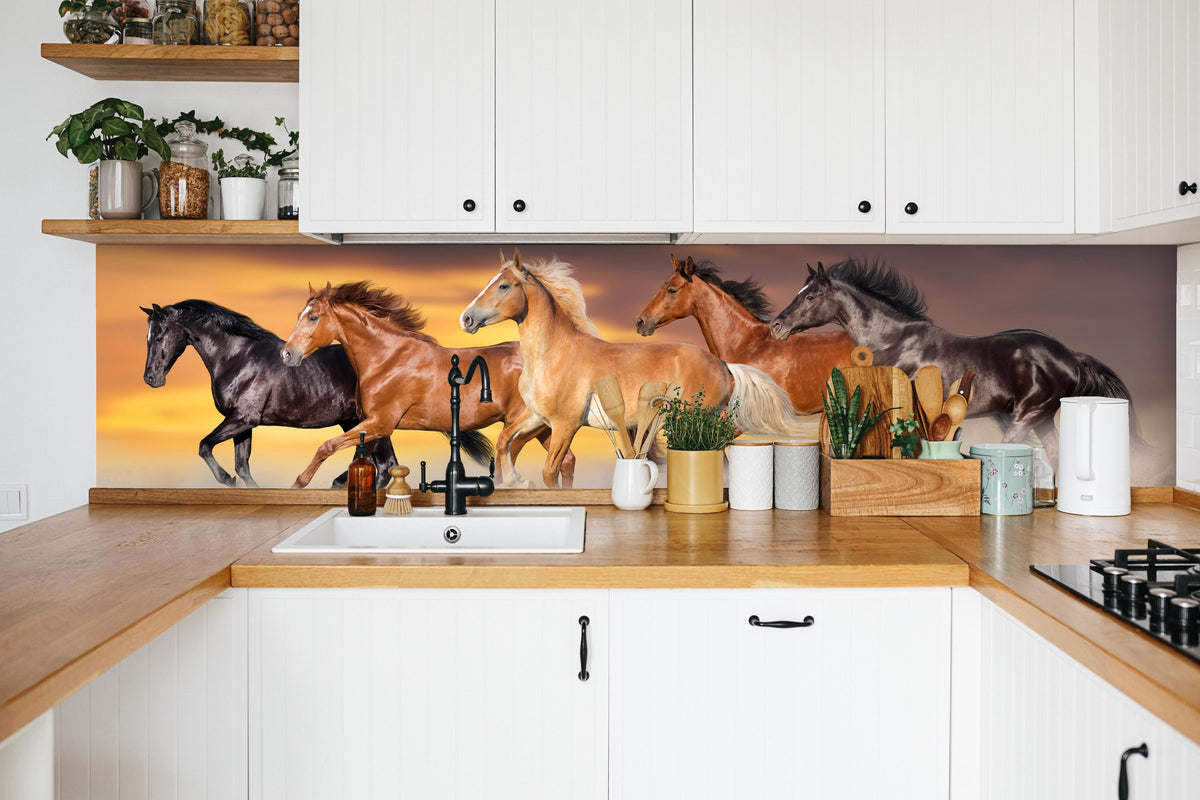 Küche - Pferdeherde galoppiert im Wüstenstaub in weißer Küche hinter Gewürzen und Kochlöffeln aus Holz