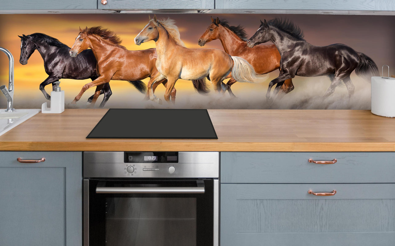 Küche - Pferdeherde galoppiert im Wüstenstaub über polierter Holzarbeitsplatte mit Cerankochfeld