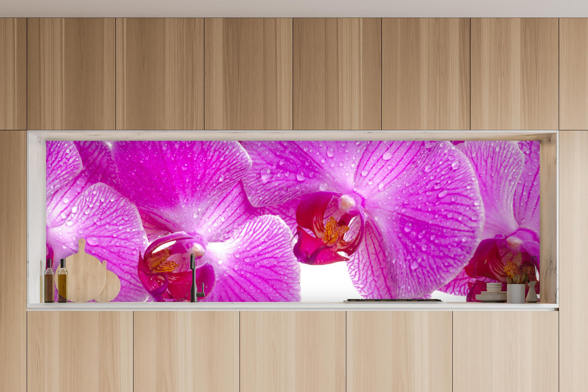 Küche - Pinke Orchideen in charakteristischer Vollholz-Küche mit modernem Gasherd