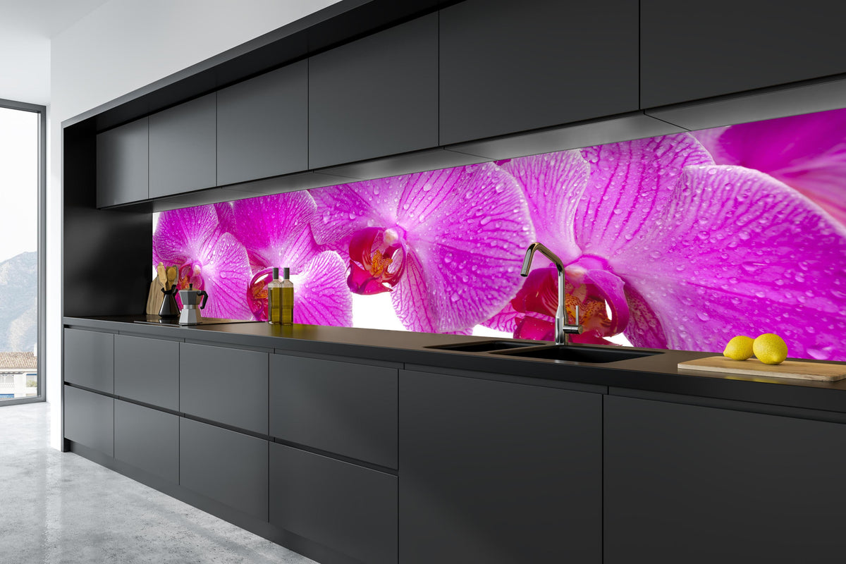 Küche - Pinke Orchideen in tiefschwarzer matt-premium Einbauküche