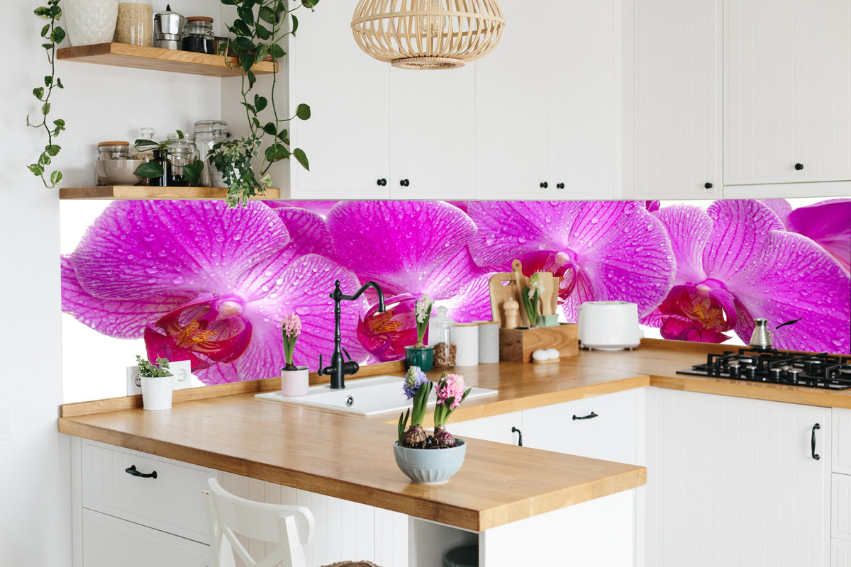 Küche - Pinke Orchideen in lebendiger Küche mit bunten Blumen