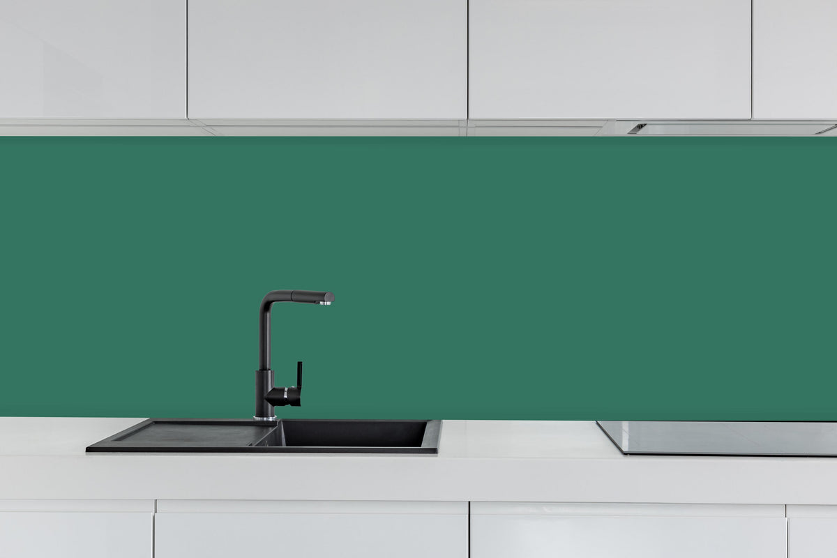 Küche - RAL 6000 (Patinagrün) hinter weißen Hochglanz-Küchenregalen und schwarzem Wasserhahn