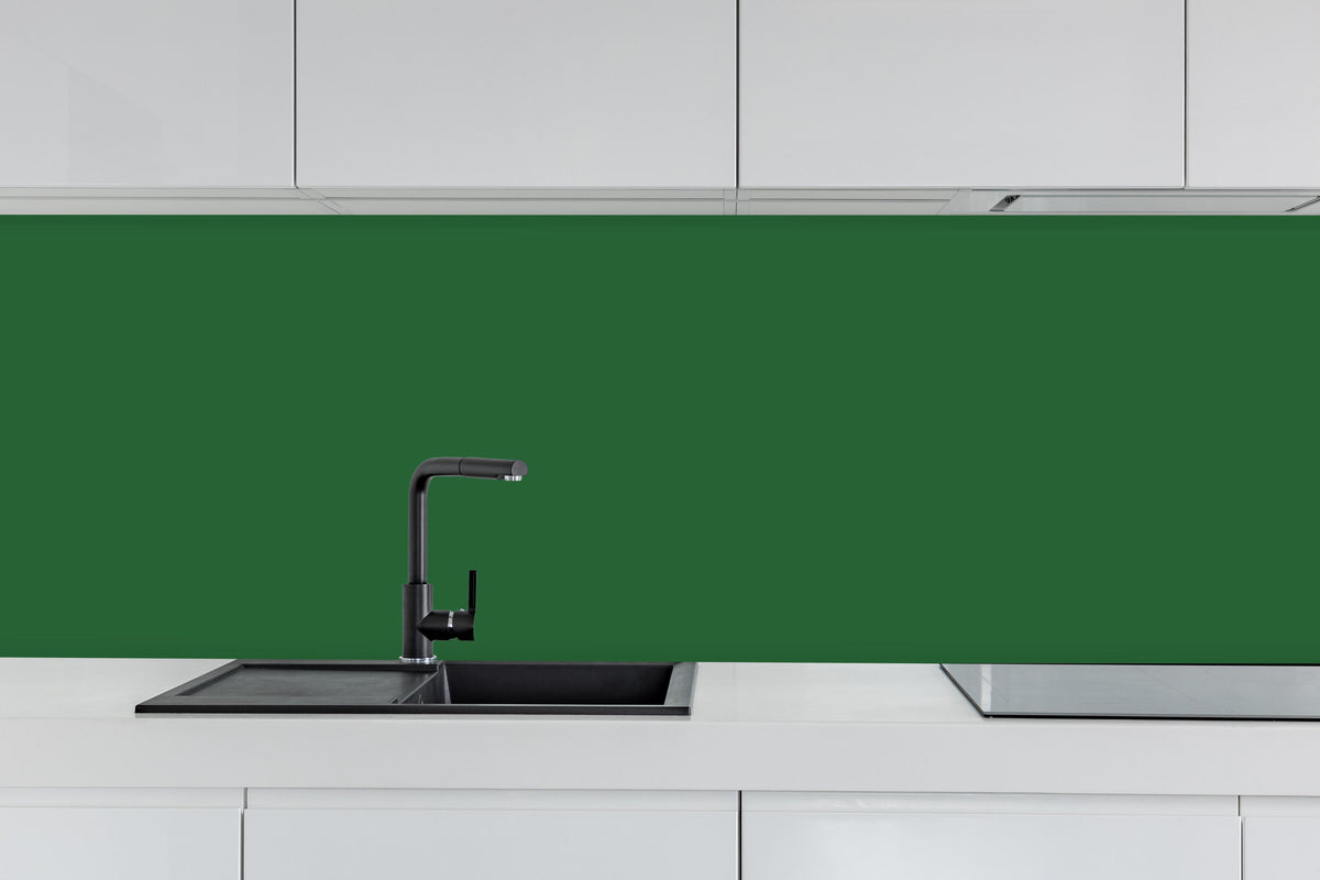 Küche - RAL 6002 (Laubgrün) hinter weißen Hochglanz-Küchenregalen und schwarzem Wasserhahn