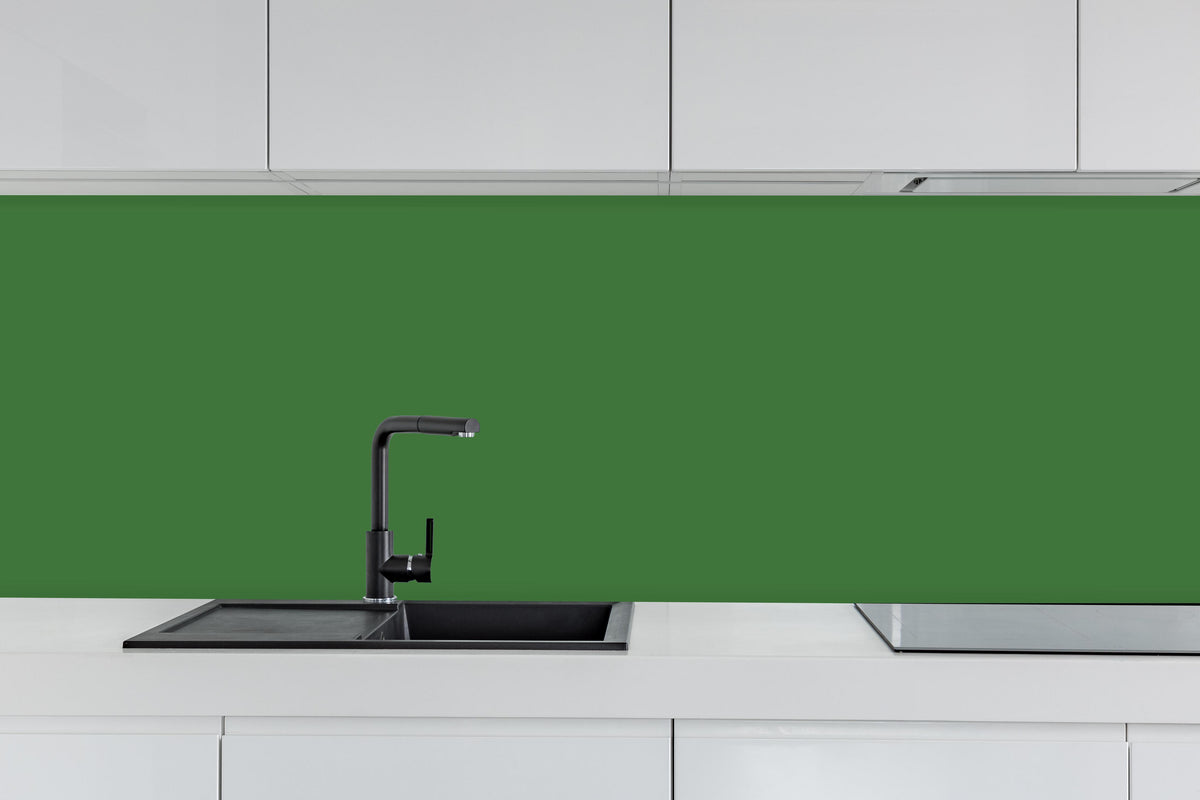 Küche - RAL 6010 (Grasgrün) hinter weißen Hochglanz-Küchenregalen und schwarzem Wasserhahn