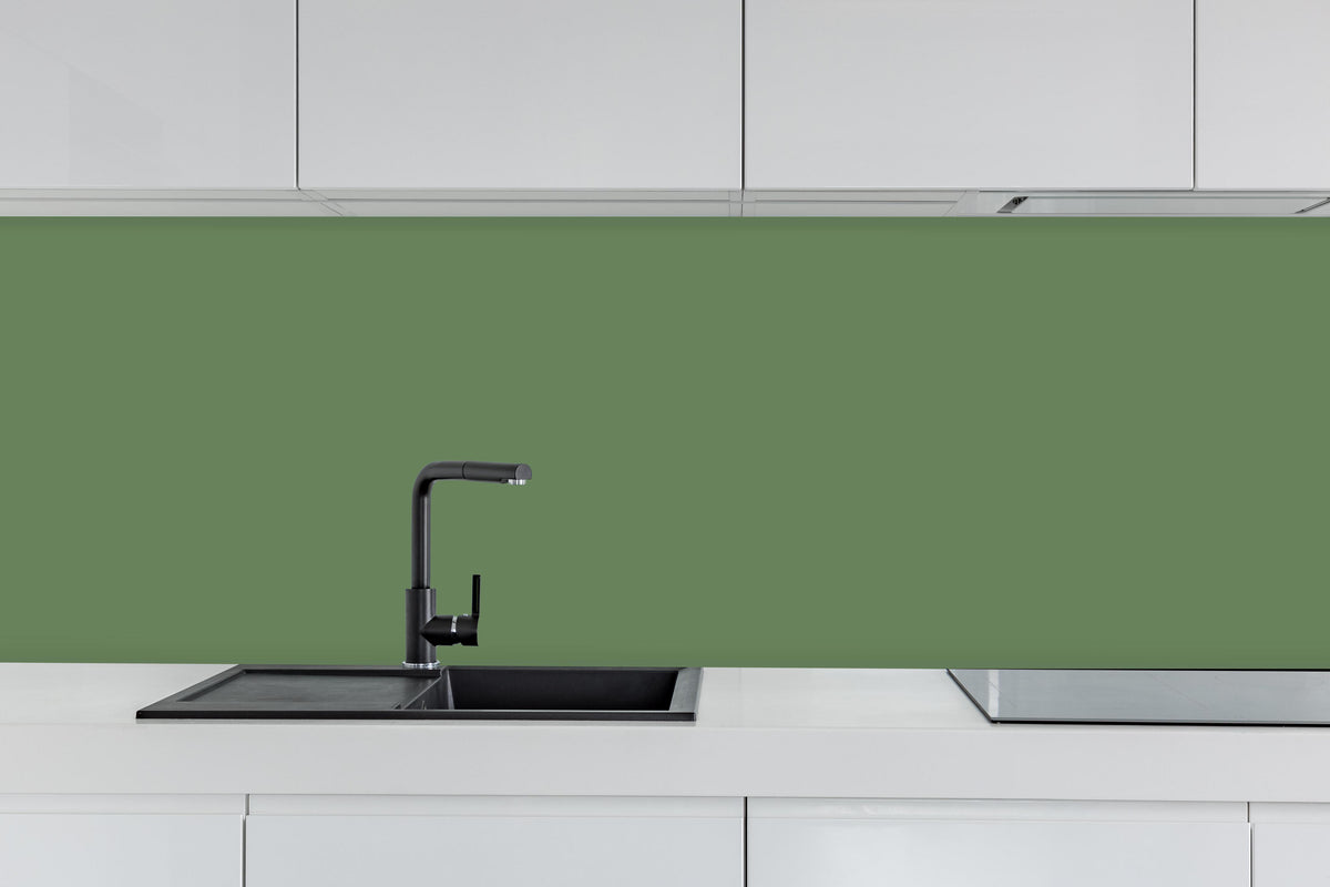 Küche - RAL 6011 (Reseda grün) hinter weißen Hochglanz-Küchenregalen und schwarzem Wasserhahn
