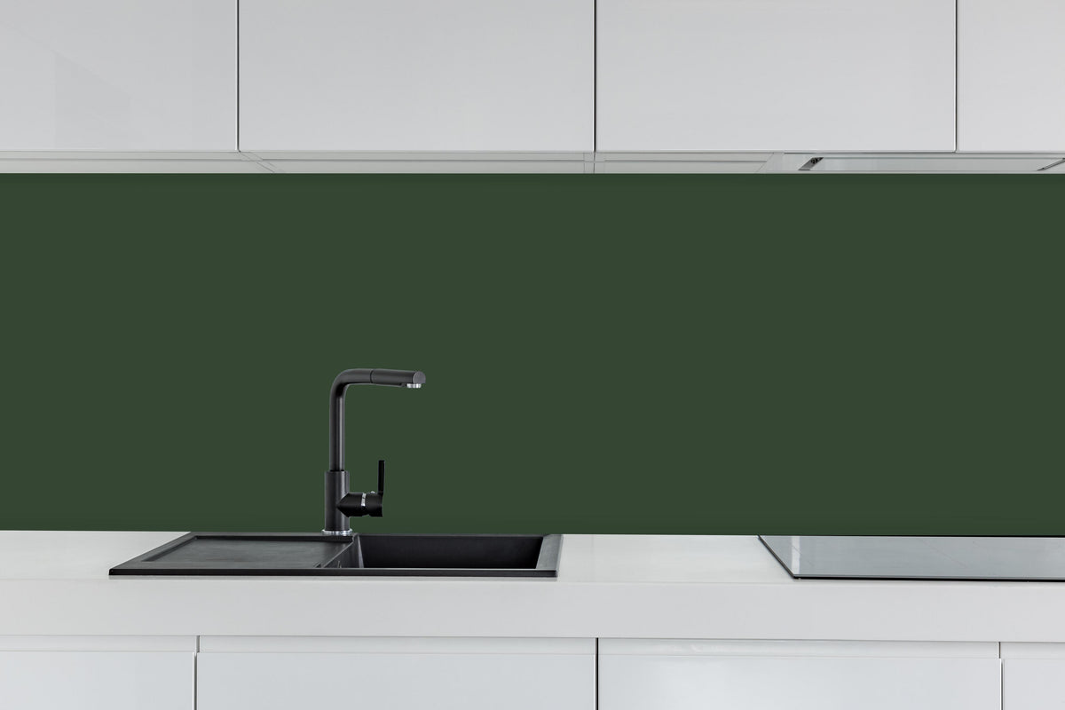 Küche - RAL 6020 (Chromgrün) hinter weißen Hochglanz-Küchenregalen und schwarzem Wasserhahn