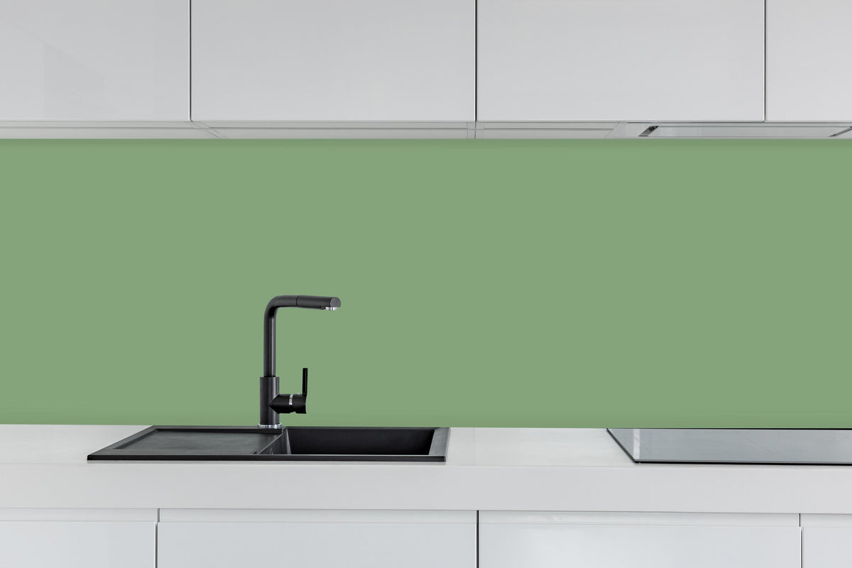 Küche - RAL 6021 (Blassgrün) hinter weißen Hochglanz-Küchenregalen und schwarzem Wasserhahn