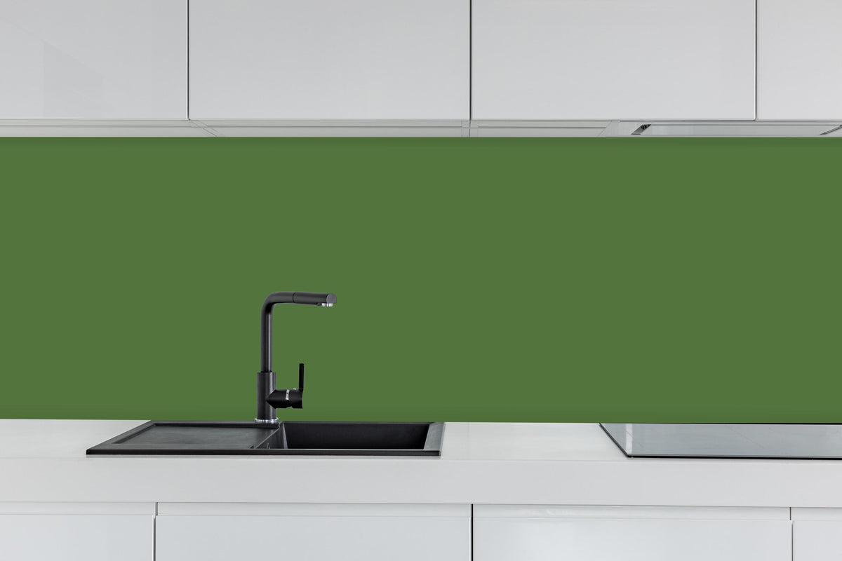 Küche - RAL 6025 (Farngrün) hinter weißen Hochglanz-Küchenregalen und schwarzem Wasserhahn