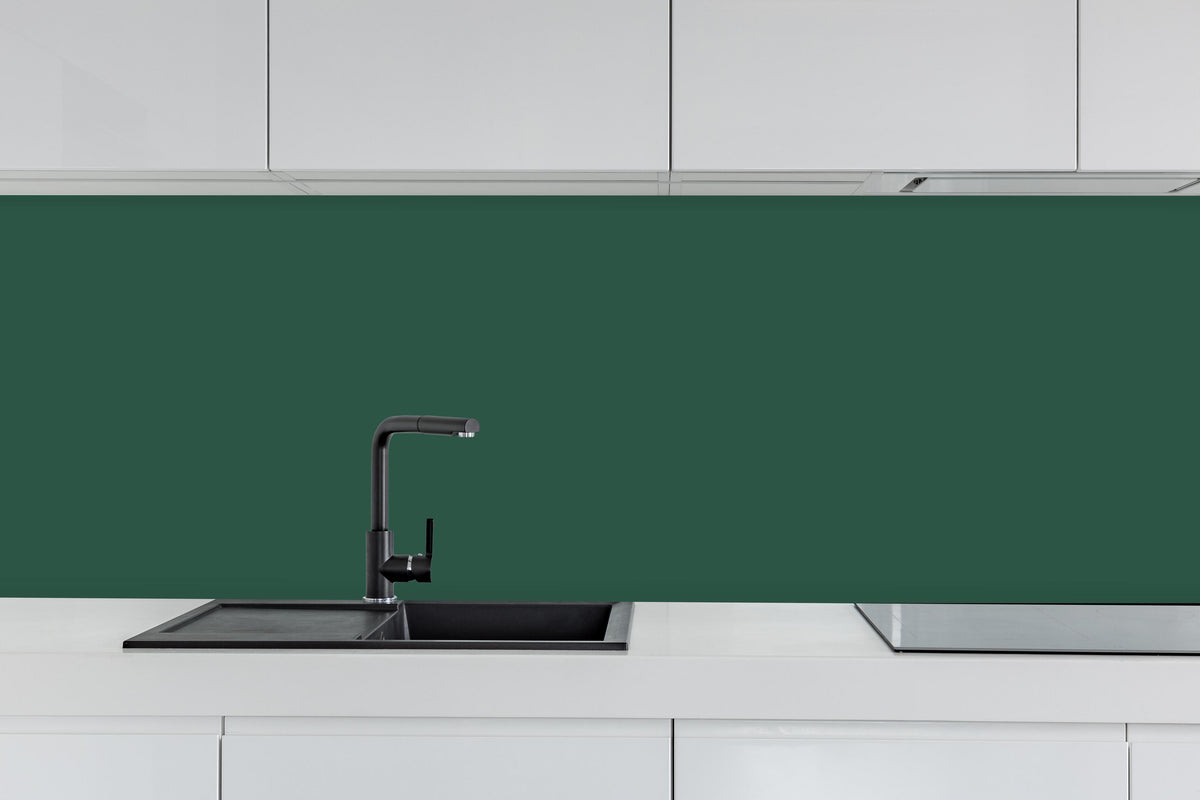 Küche - RAL 6028 (Tannengrün) hinter weißen Hochglanz-Küchenregalen und schwarzem Wasserhahn