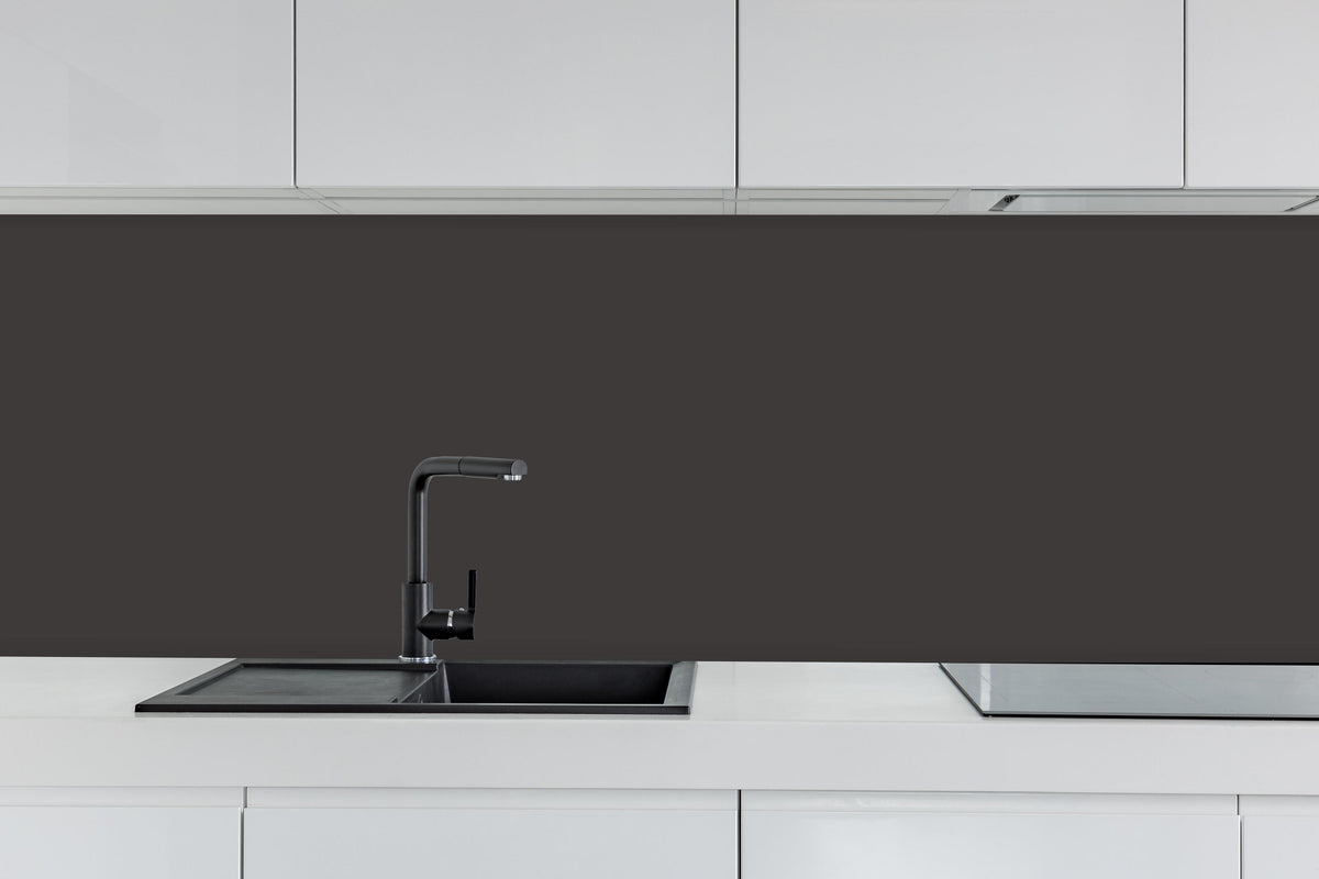 Küche - RAL 8019 (Graubraun) hinter weißen Hochglanz-Küchenregalen und schwarzem Wasserhahn