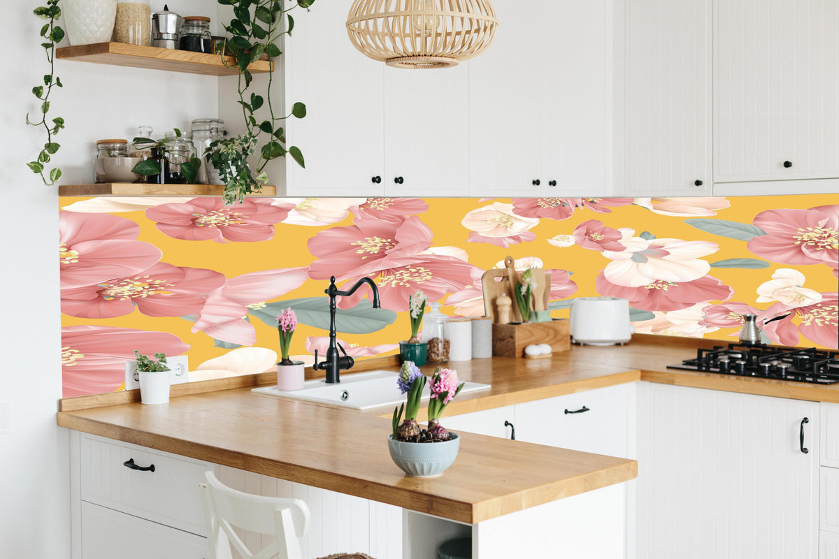 Küche - Rosa-weiße Blüten in lebendiger Küche mit bunten Blumen