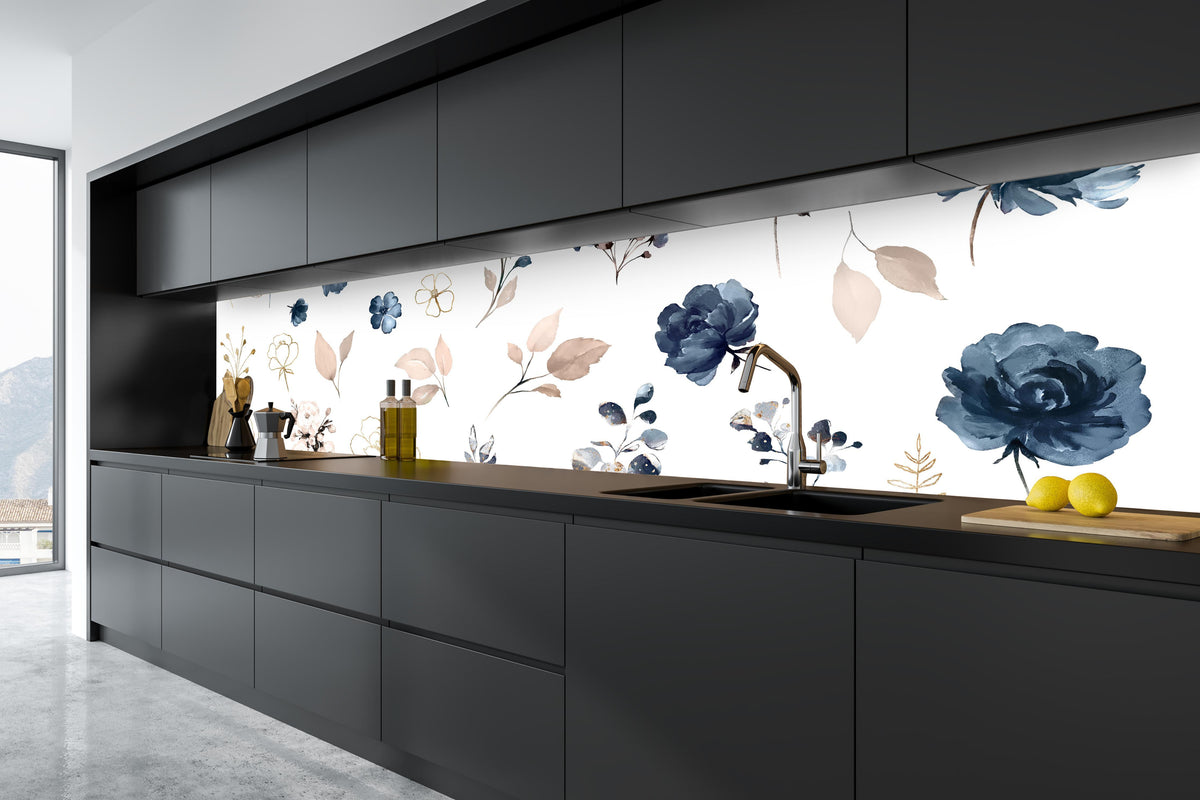 Küche - Rosen im Aquarell-Design in tiefschwarzer matt-premium Einbauküche