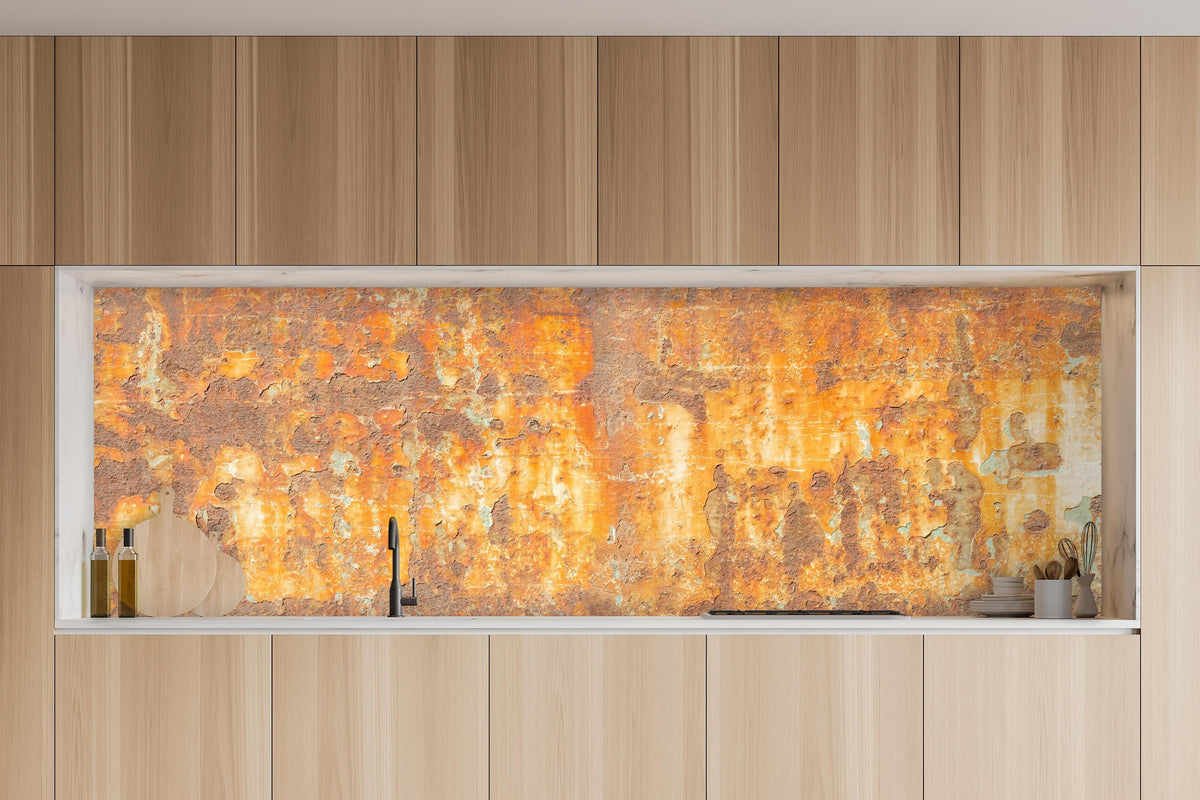 Küche - Rostige Betonwand in charakteristischer Vollholz-Küche mit modernem Gasherd
