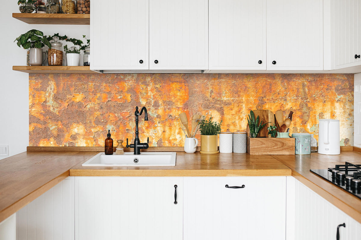 Küche - Rostige Betonwand in weißer Küche hinter Gewürzen und Kochlöffeln aus Holz