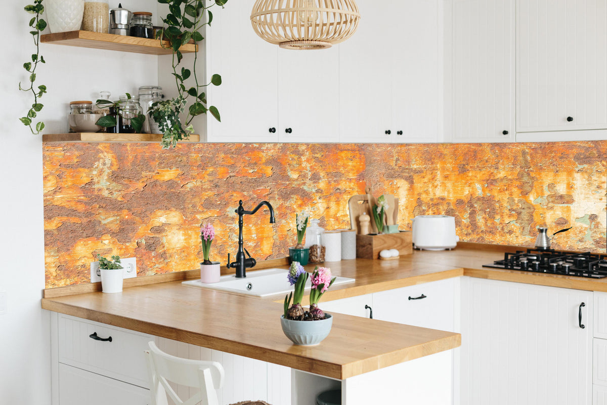 Küche - Rostige Betonwand in lebendiger Küche mit bunten Blumen