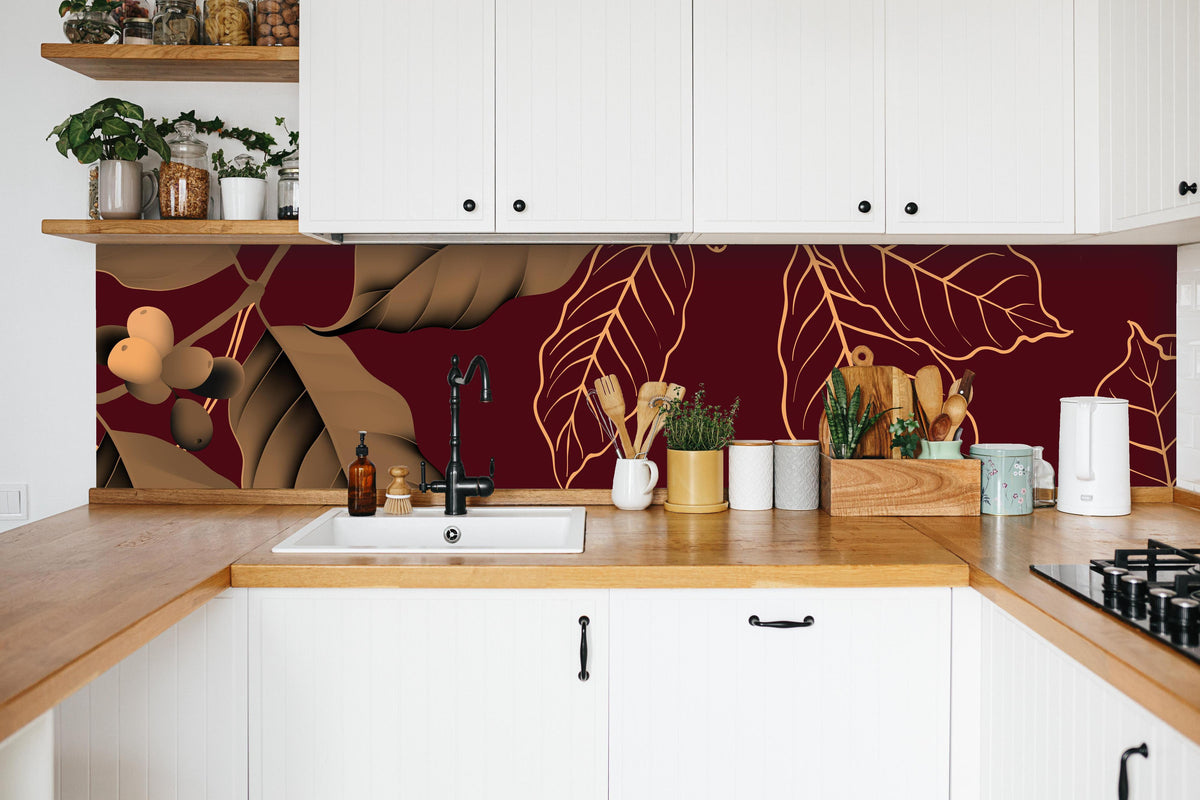 Küche - Rot-Braune Blätter in weißer Küche hinter Gewürzen und Kochlöffeln aus Holz