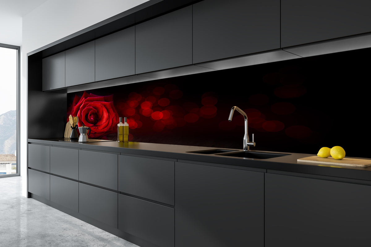 Küche - Rote Rose auf schwarzem Hintergrund in tiefschwarzer matt-premium Einbauküche
