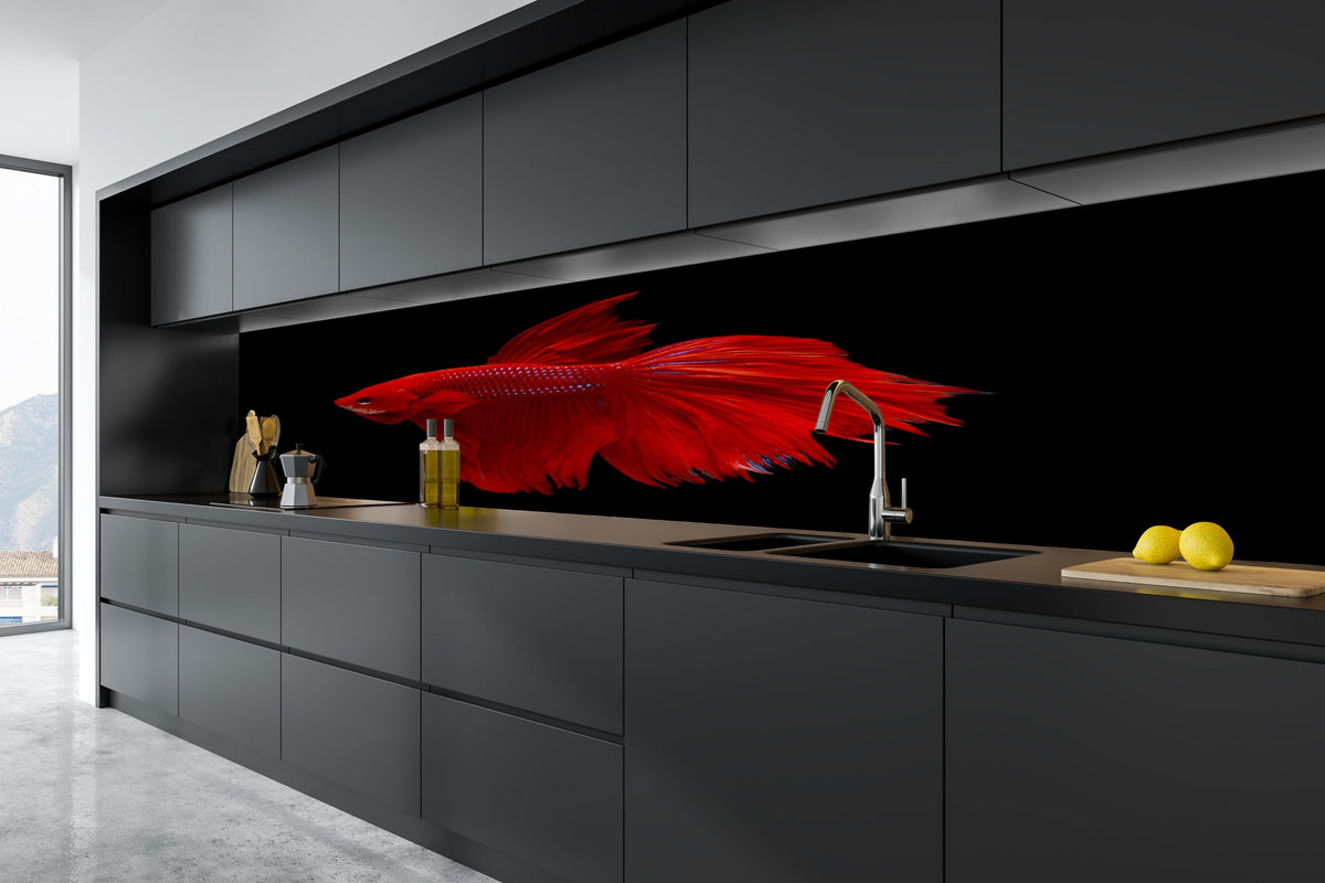 Küche - Roter Betta-Kampffisch in tiefschwarzer matt-premium Einbauküche