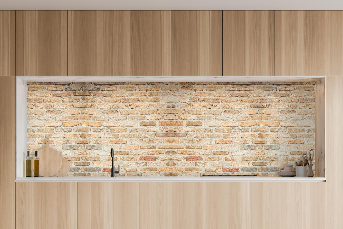 Küche - Rustikale Backsteinmauer in charakteristischer Vollholz-Küche mit modernem Gasherd