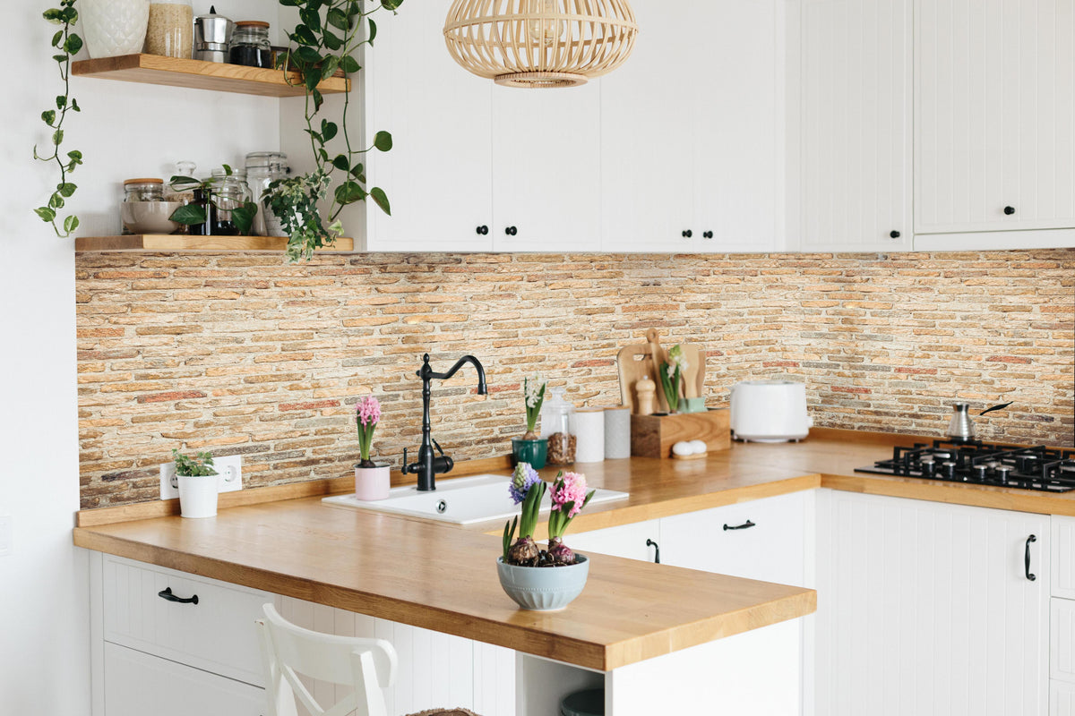 Küche - Rustikale Backsteinmauer in lebendiger Küche mit bunten Blumen