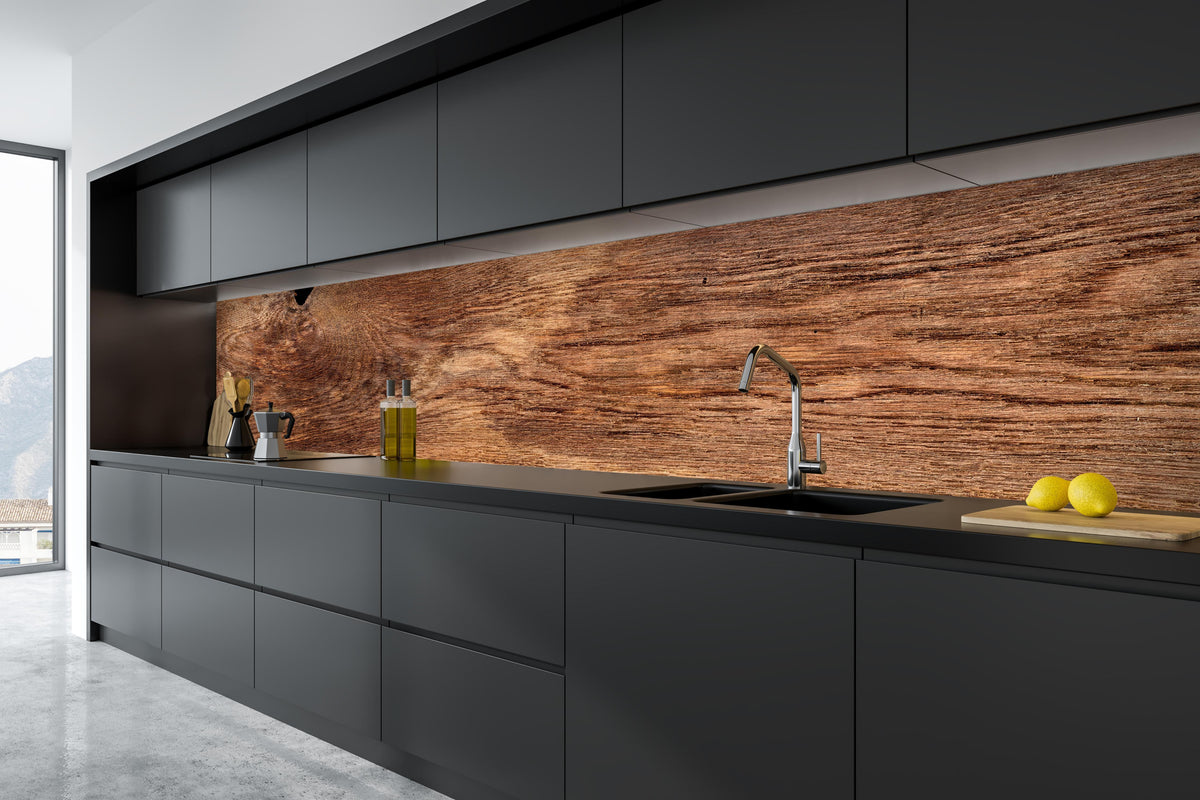 Küche - Rustikale Eichenholzplatte in tiefschwarzer matt-premium Einbauküche