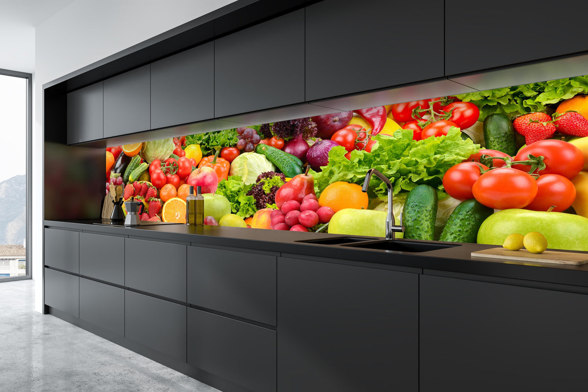 Küche - Sammlung von Obst & Gemüse in tiefschwarzer matt-premium Einbauküche