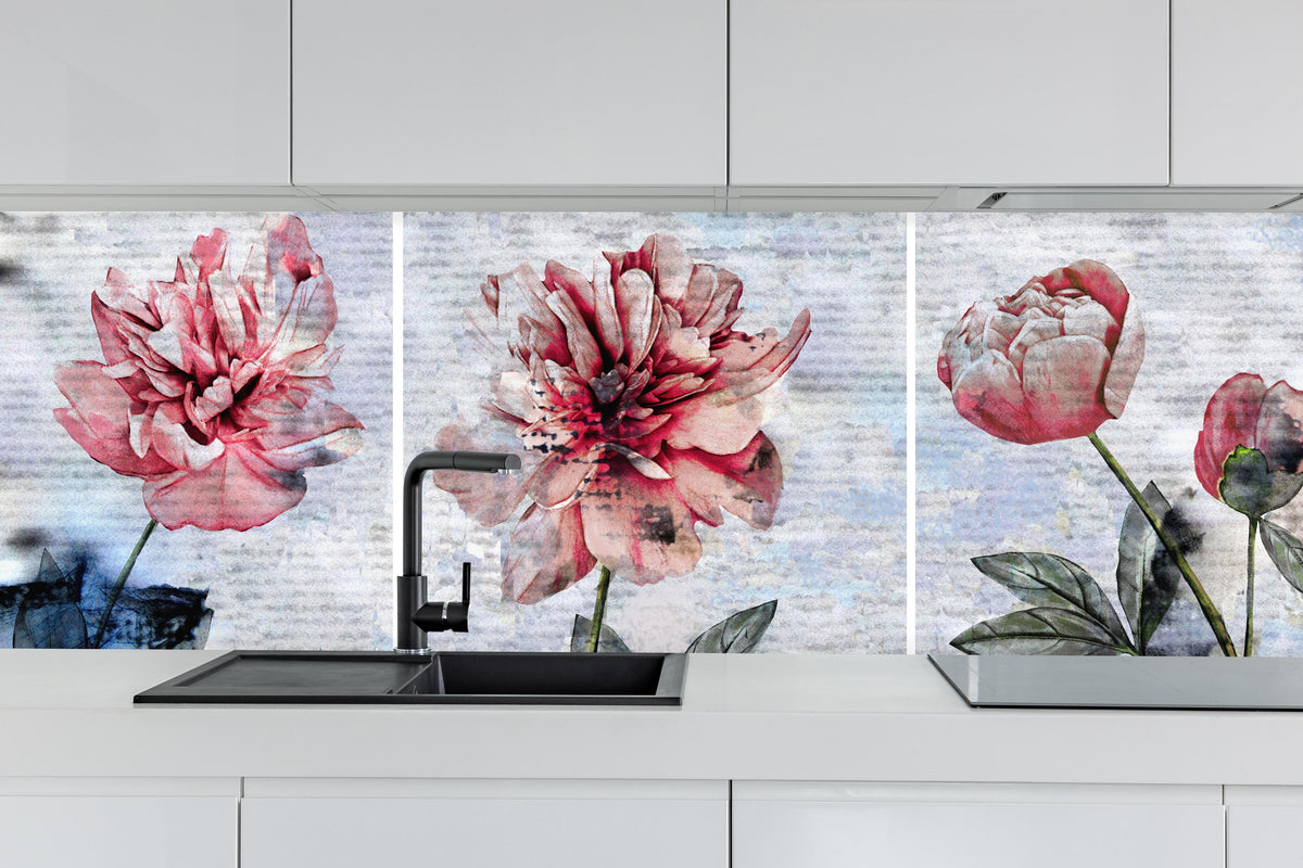 Küche - Sammlung von rosa Blumen - Ölgemälden hinter weißen Hochglanz-Küchenregalen und schwarzem Wasserhahn