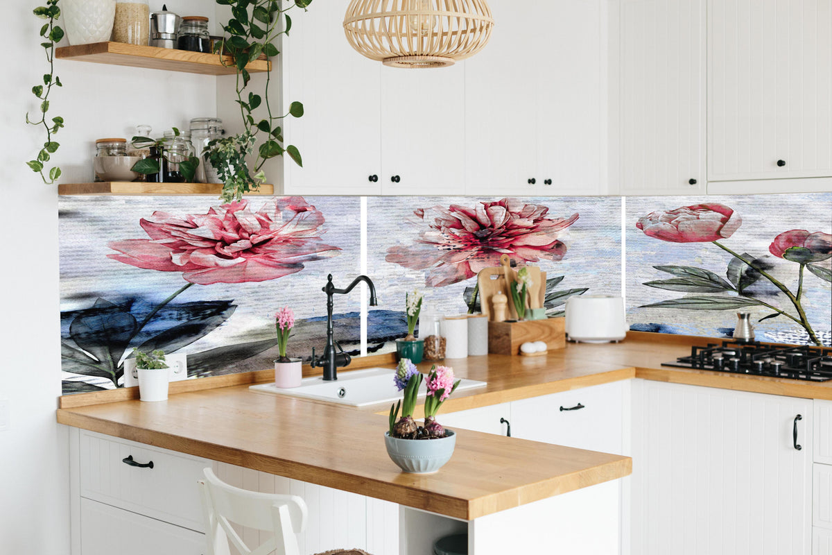 Küche - Sammlung von rosa Blumen - Ölgemälden in lebendiger Küche mit bunten Blumen