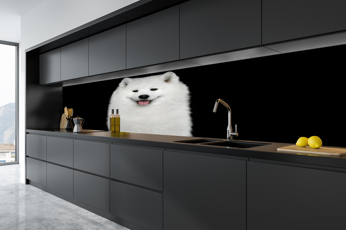Küche - Samojeden Hund in tiefschwarzer matt-premium Einbauküche