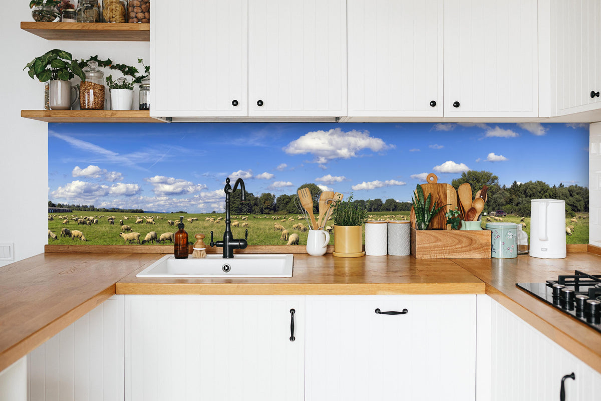 Küche - Schafherde Panorama in weißer Küche hinter Gewürzen und Kochlöffeln aus Holz