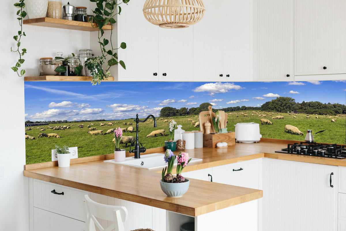 Küche - Schafherde Panorama in lebendiger Küche mit bunten Blumen