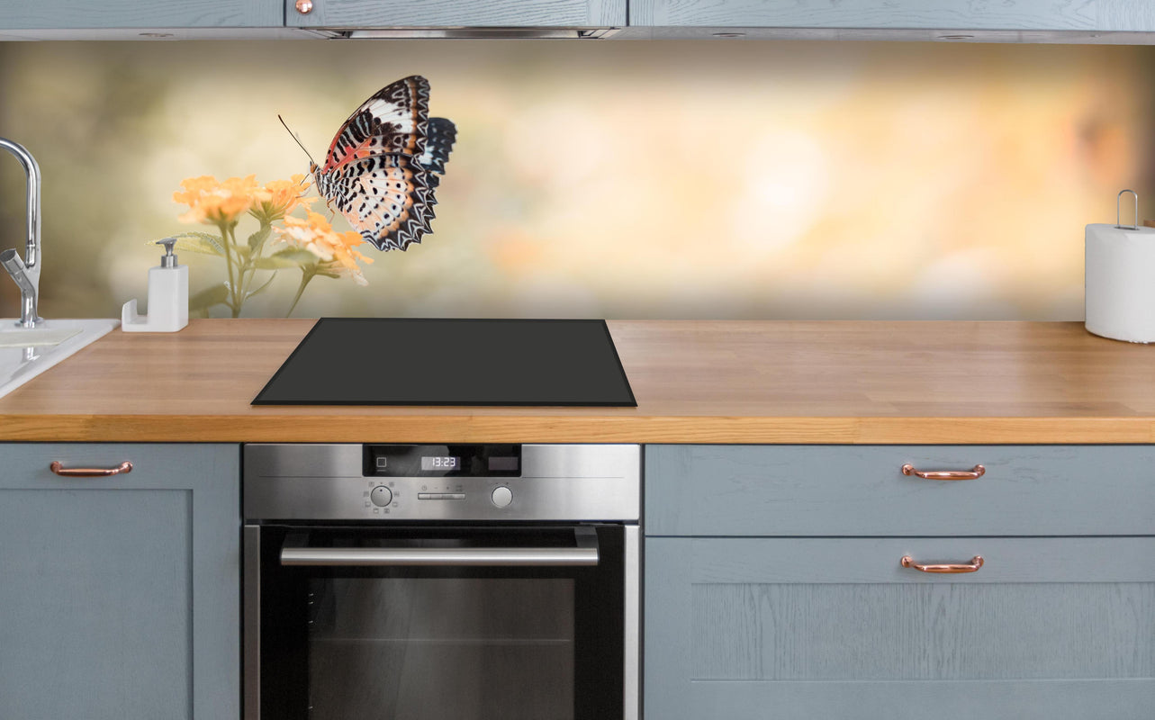 Küche - Schmetterling auf eine orangene Blume über polierter Holzarbeitsplatte mit Cerankochfeld