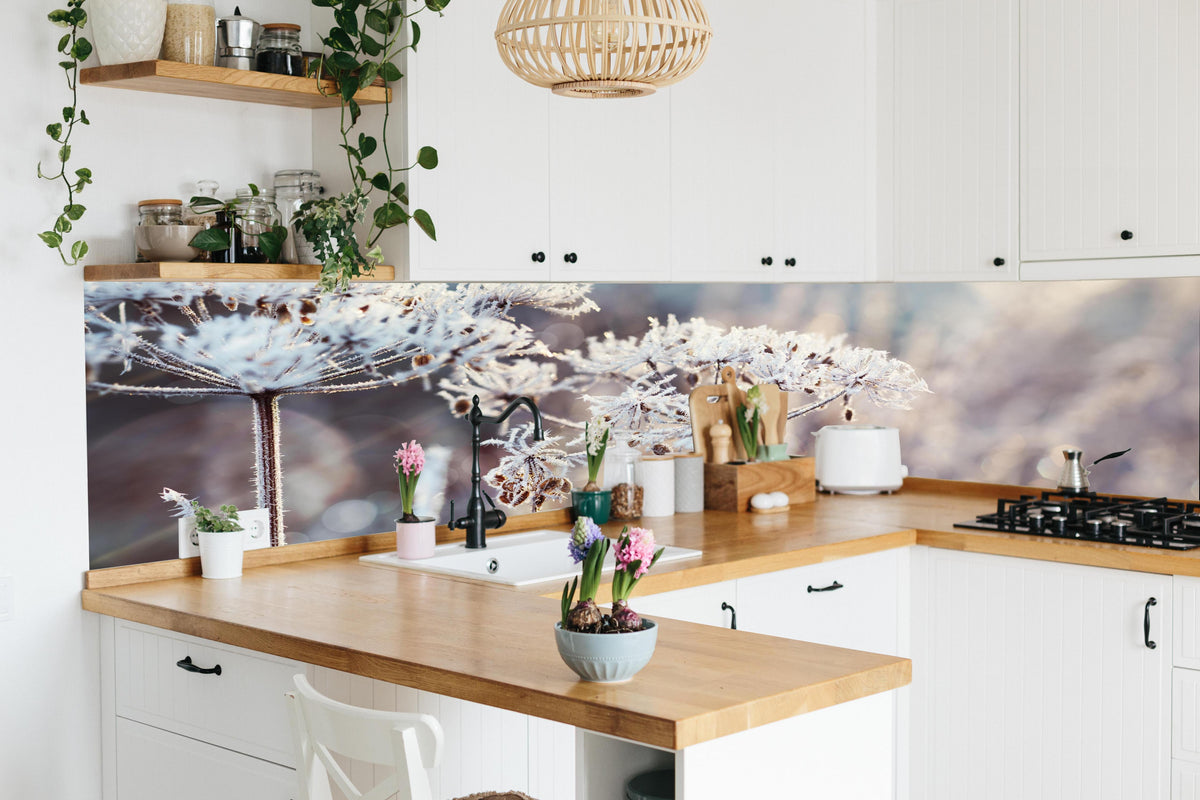 Küche - Schneetau auf Pflanzen in lebendiger Küche mit bunten Blumen