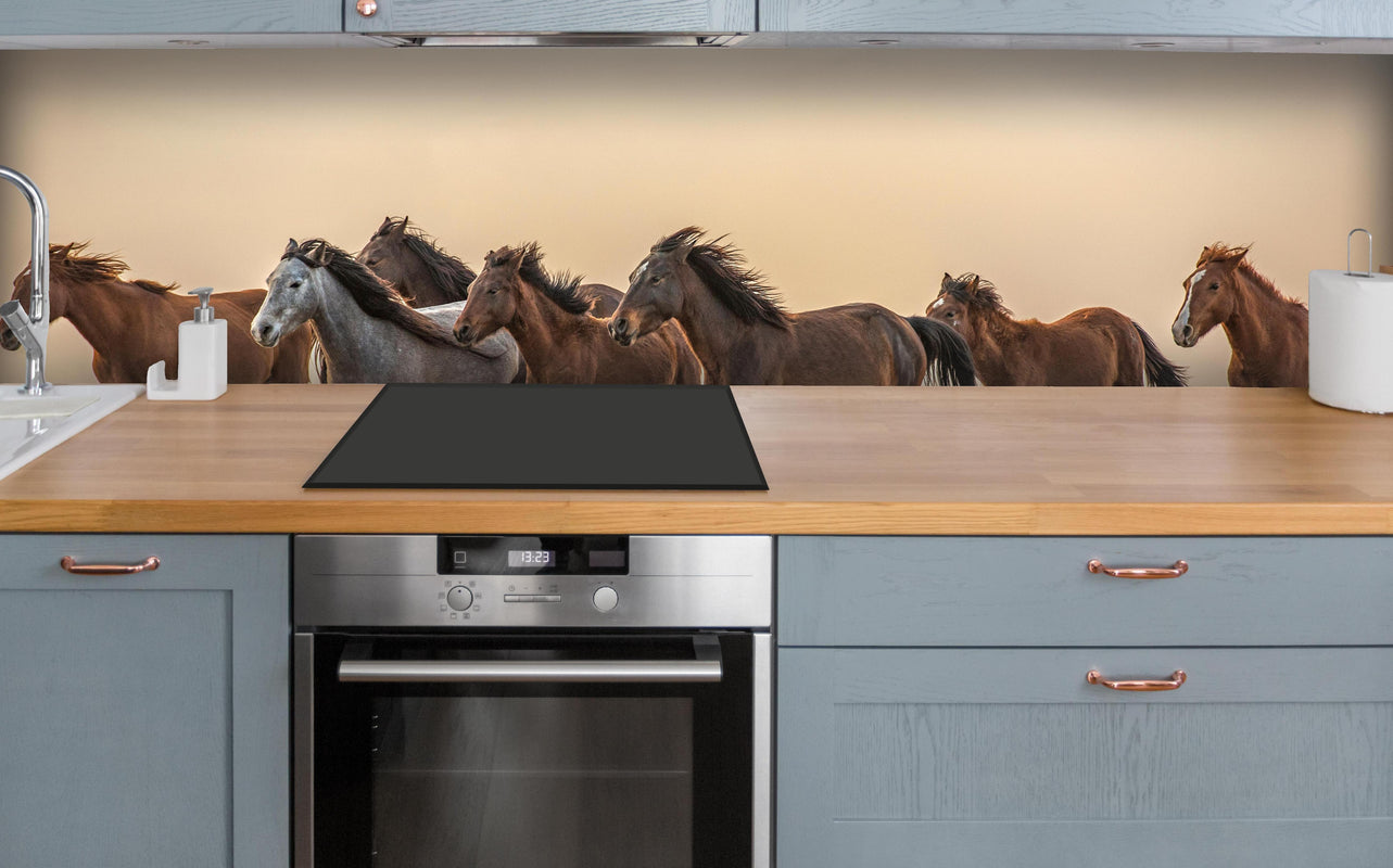 Küche - Schöne galoppierende Pferdeherde  über polierter Holzarbeitsplatte mit Cerankochfeld