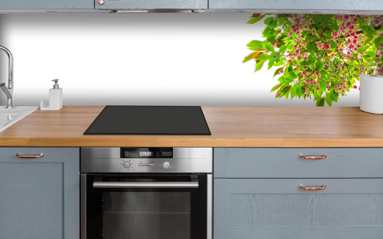 Küche - Schöner Kirschblütenast über polierter Holzarbeitsplatte mit Cerankochfeld
