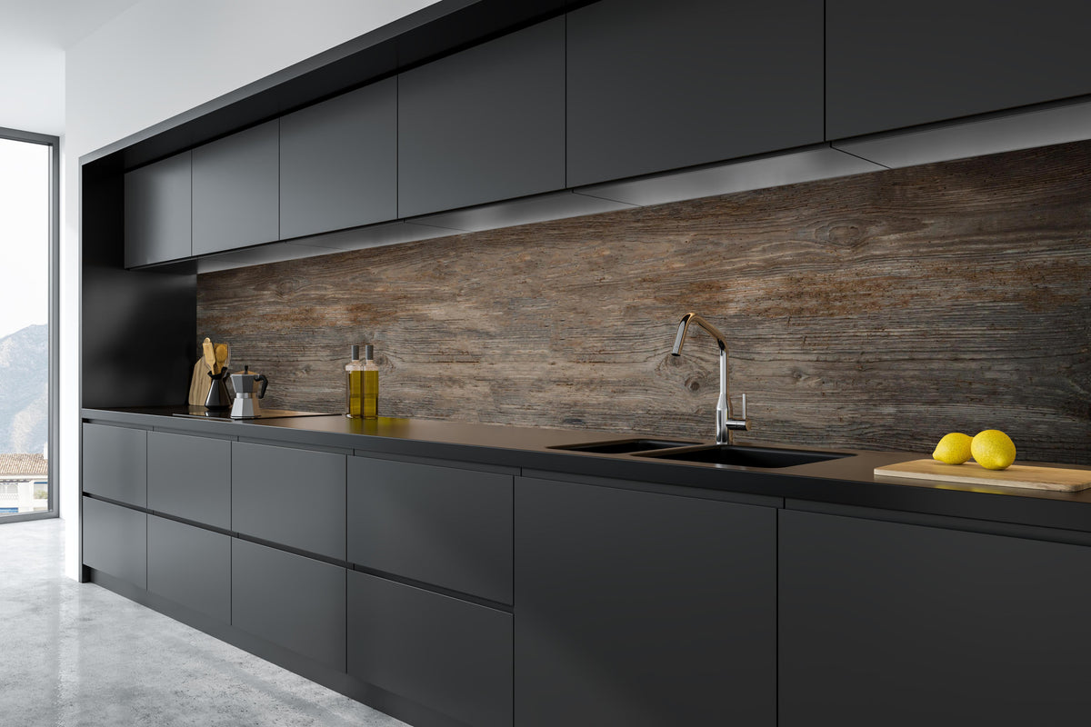 Küche - Schwarz-braune Holzplatte in tiefschwarzer matt-premium Einbauküche