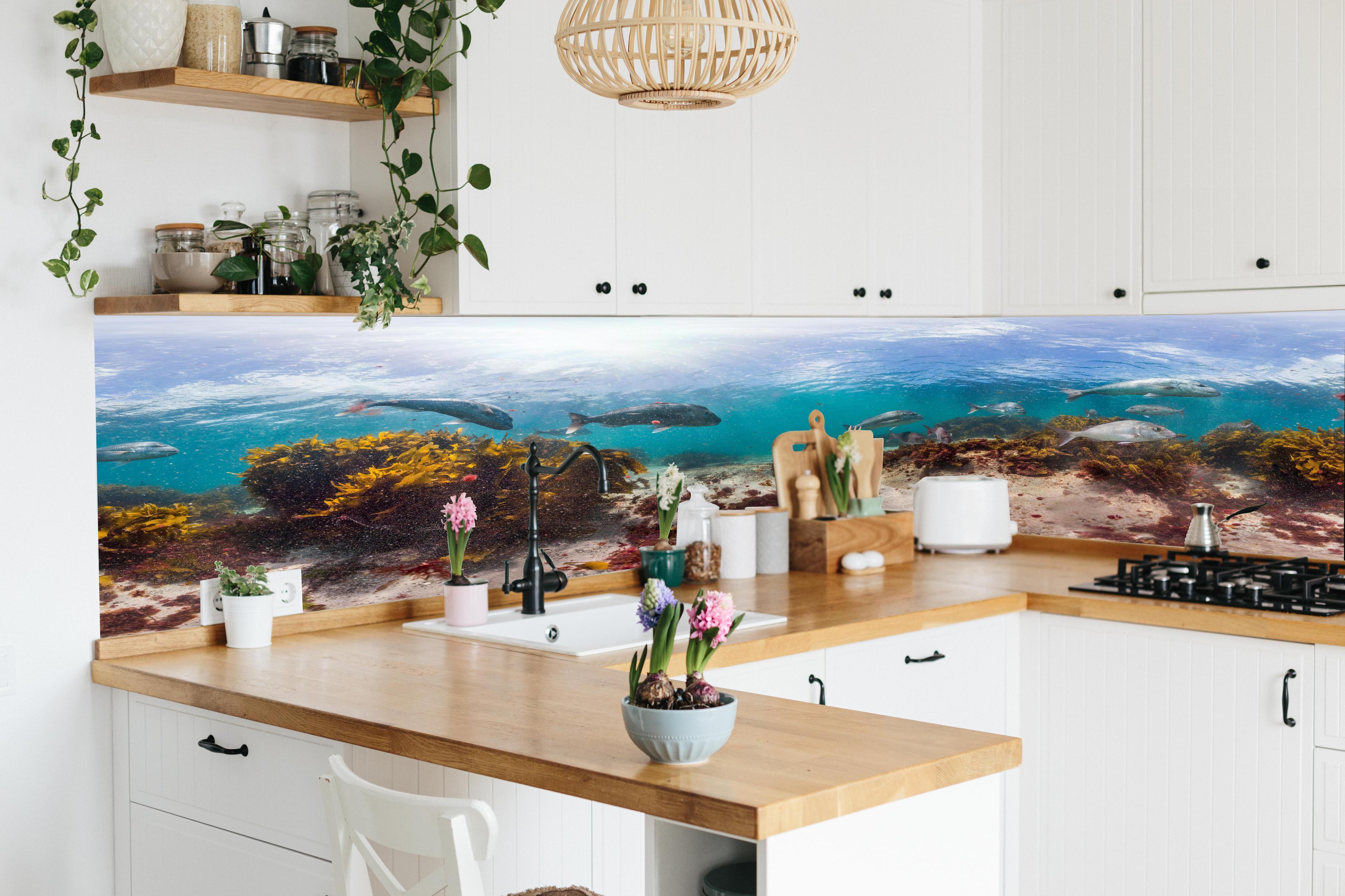 Küche - Seetang und Fisch in Neuseeland in lebendiger Küche mit bunten Blumen