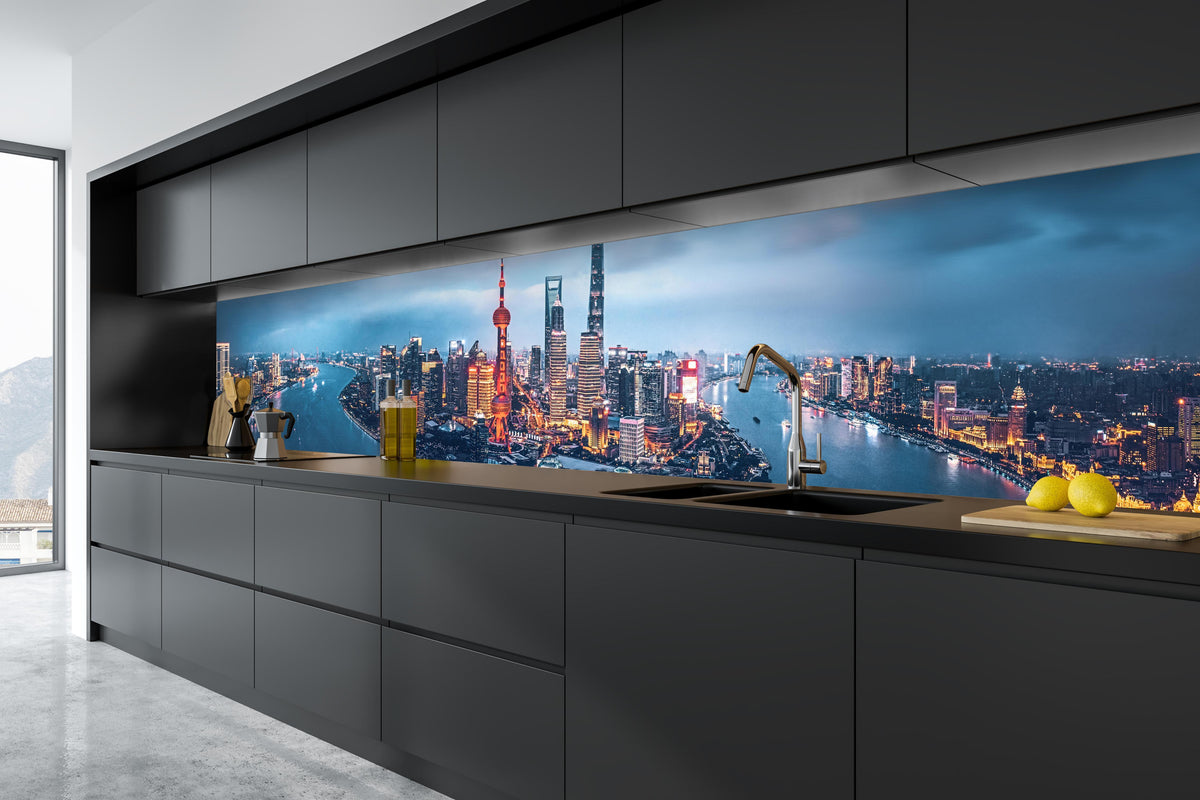 Küche - Skyline von Shanghai bei Nacht in tiefschwarzer matt-premium Einbauküche