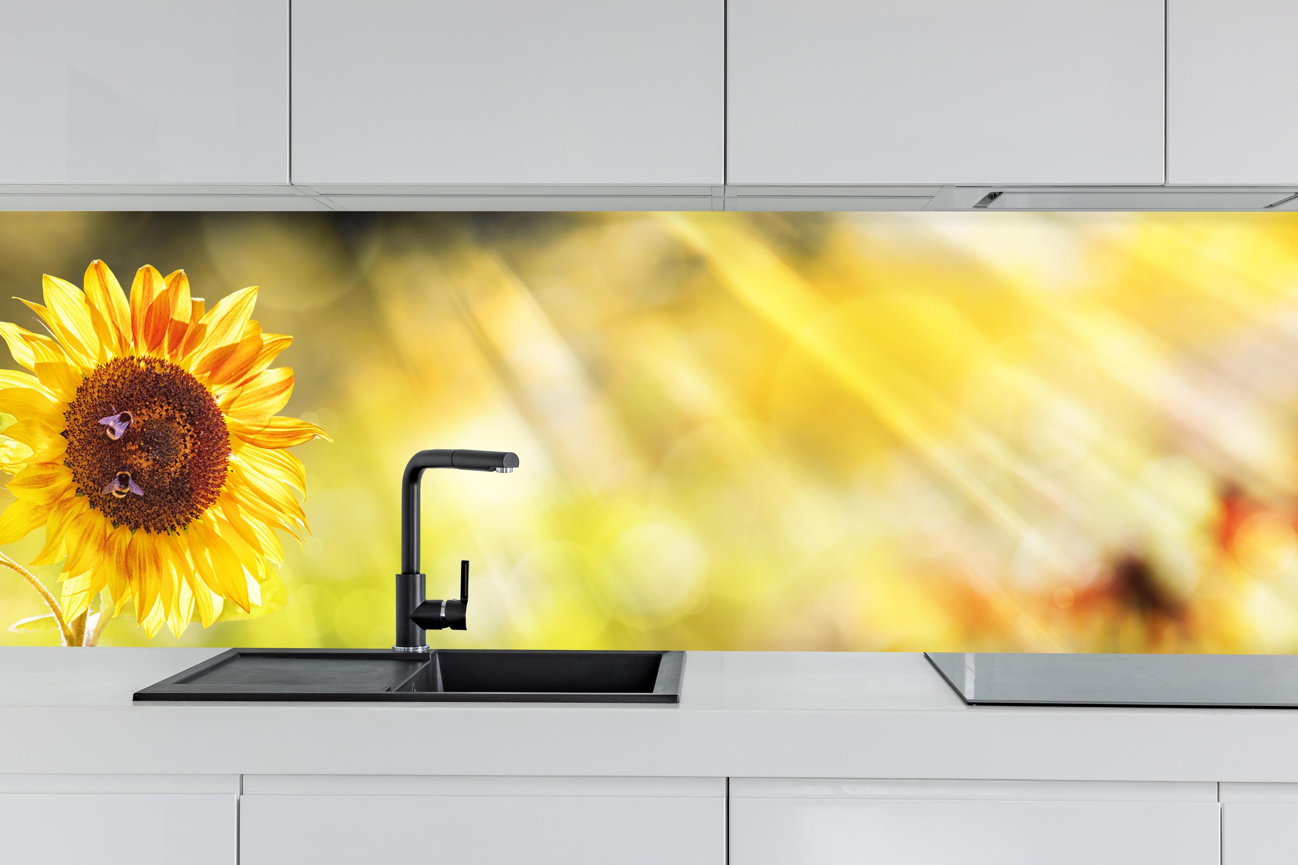 Küche - Sonnenblume hinter weißen Hochglanz-Küchenregalen und schwarzem Wasserhahn