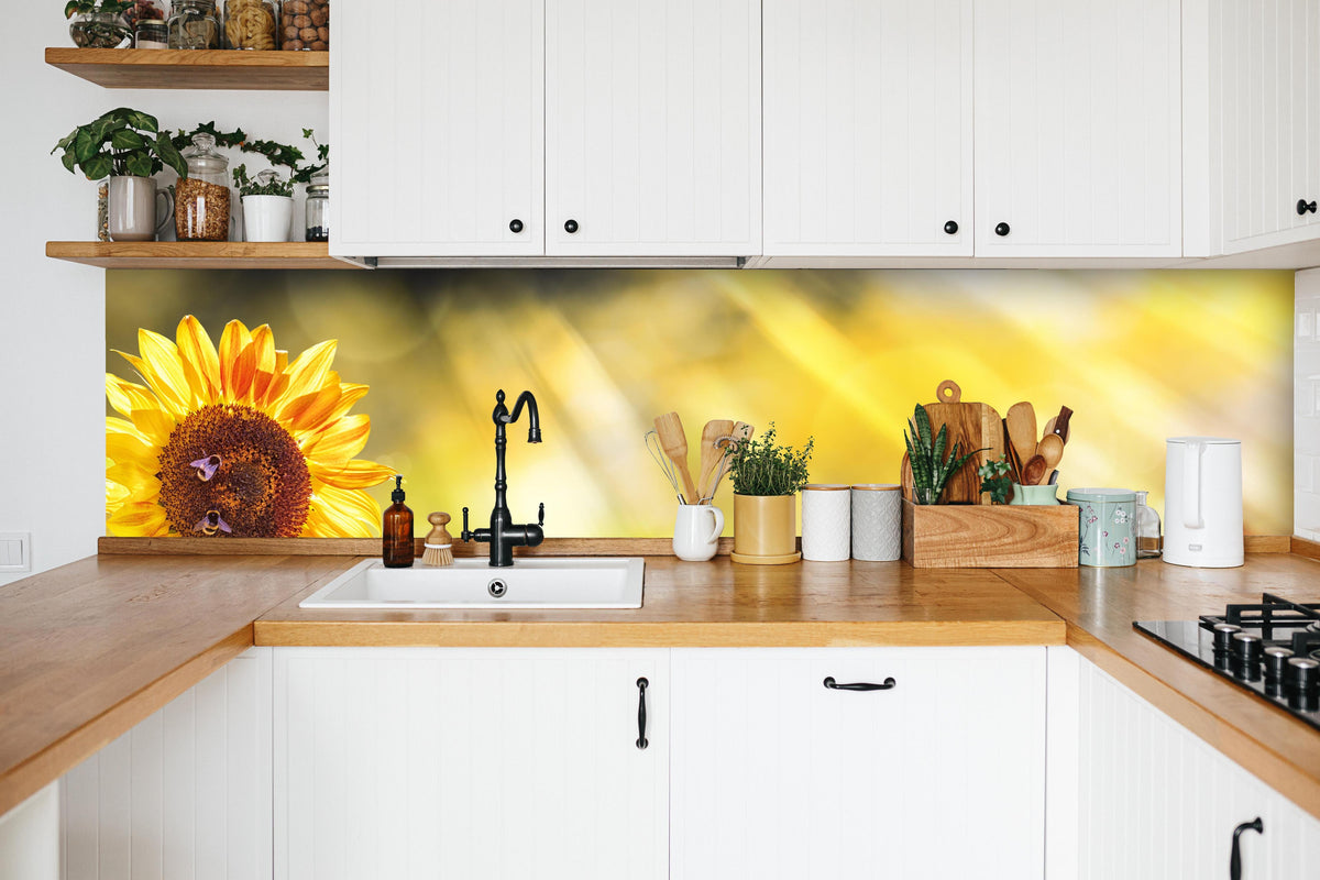 Küche - Sonnenblume in weißer Küche hinter Gewürzen und Kochlöffeln aus Holz