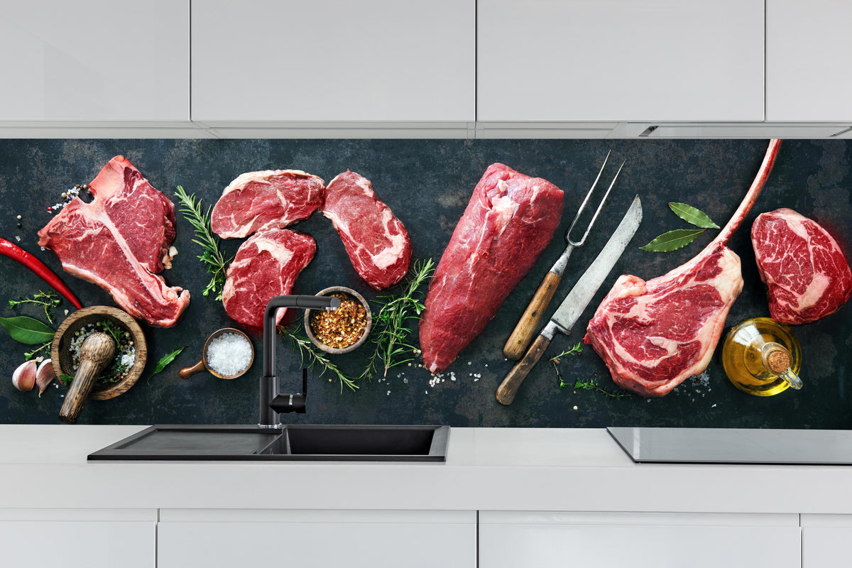 Küche - Steakvariationen auf Schieferplatte hinter weißen Hochglanz-Küchenregalen und schwarzem Wasserhahn